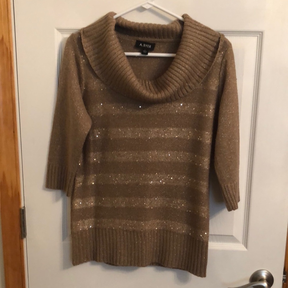 A. Byer large cowl neck, tan sparkle sweater, sleeves come to elbows